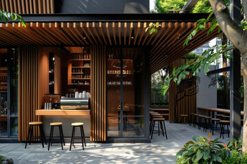 Fototapeta premium Cafe with modern eyecatching exterior design inviting patrons for freshly brewed coffee