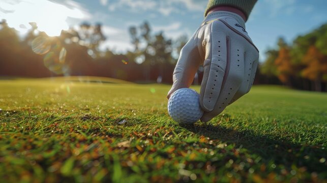 Golfer wearing gloves picks up golf ball on sunny course in afternoon light