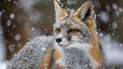 Obraz premium Captive grey fox playing in snowy winter wonderland