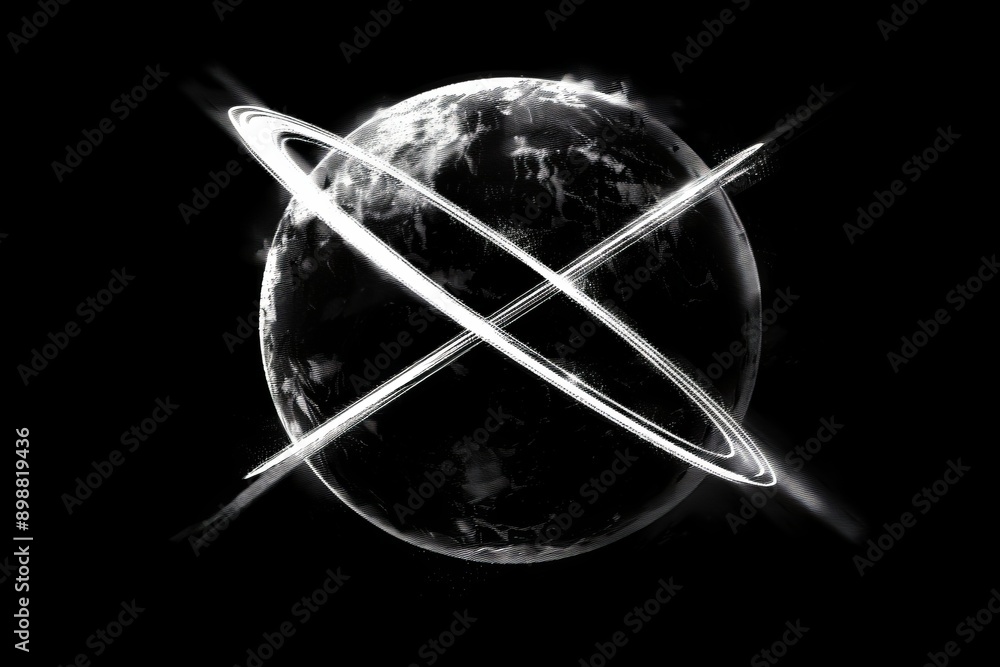 Poster abstract illustration of a black and white globe with intersecting lines representing global connect