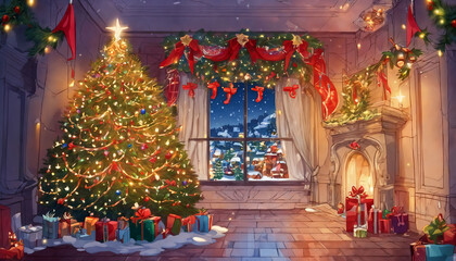 Fototapeta premium Christmas decorations and gifts, background for new year celebrations, winter fairy tale