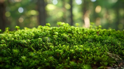 Lush green moss covering forest floor in a serene woodland setting