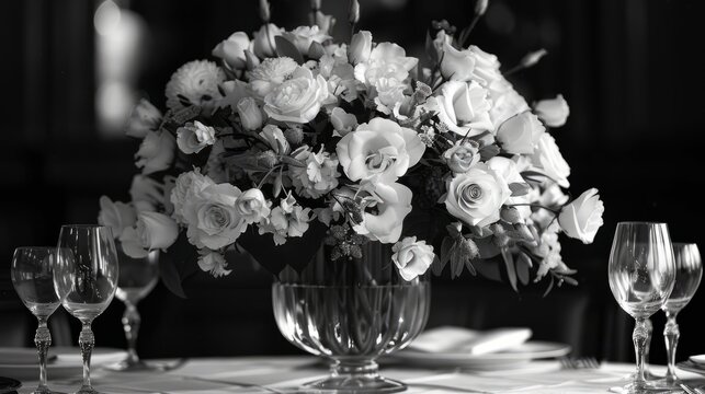 Elegant flower arrangement in vintage glass vase for formal dining table setting - Powered by Adobe