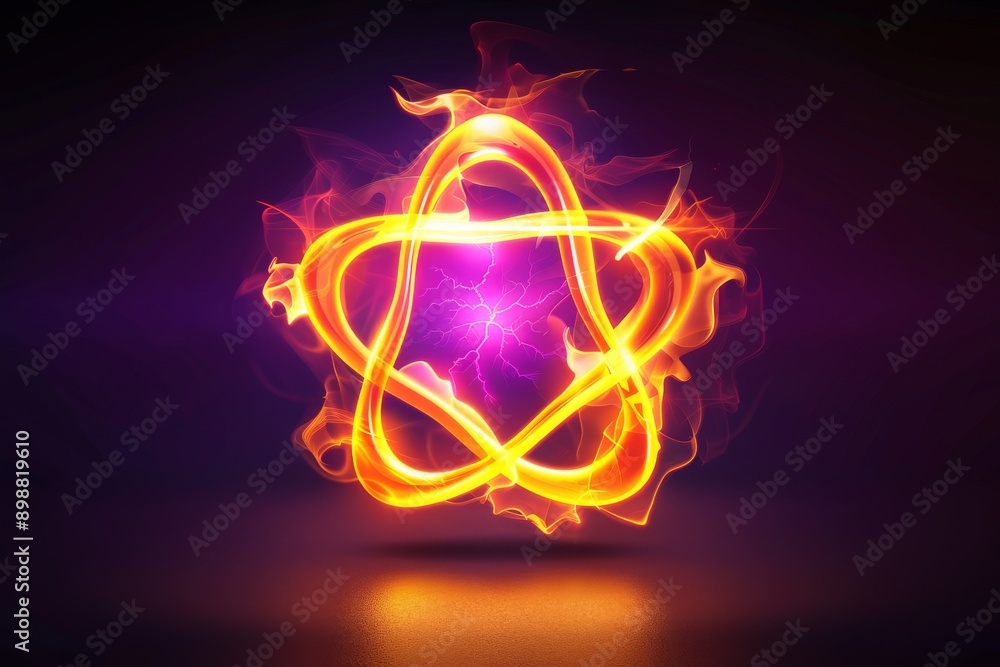 Poster glowing atomic structure with fiery colors on a dark background symbolizing energy and power in a fu