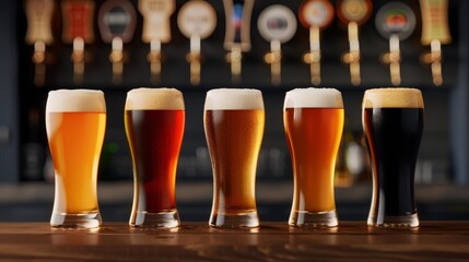 Six craft beers in a row, cozy bar interior, diverse beer styles from pale ale to stout, dimly lit ambiance, perfect for pubs and breweries, with copy space, high-resolution photo, hyper realistic