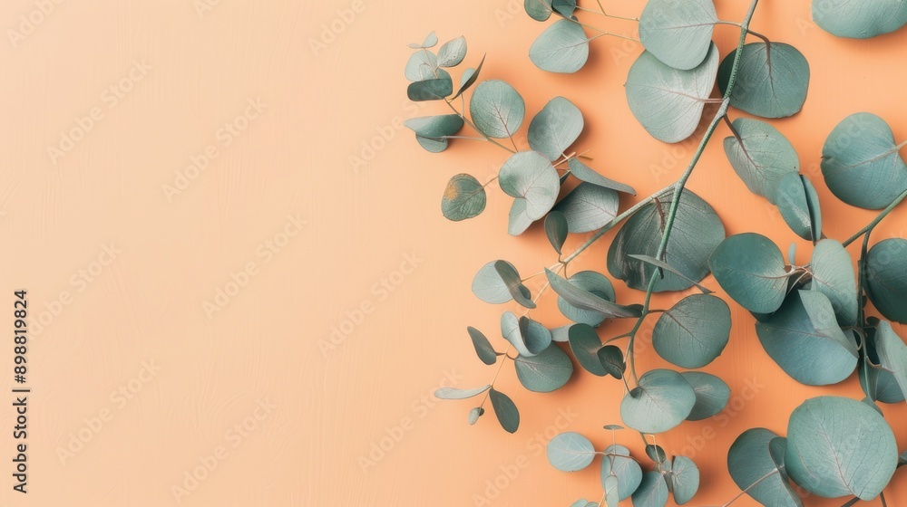 Poster mock up design with eucalyptus leaves on a soft orange backdrop for bloggers and invitations ample s