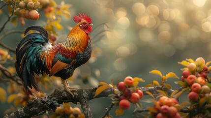 Colorful rooster perched on branch amidst lush greenery in early morning light