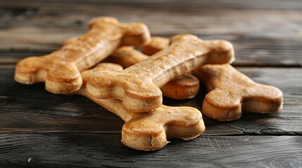 Fototapeta premium Bone-shaped dog treats arranged on dark wooden surface