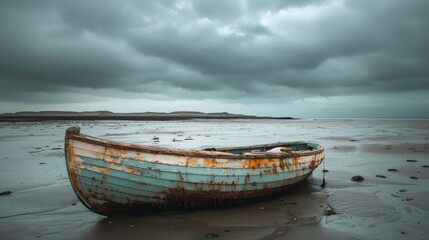 Deserted vessel stranded on isolated sandy shore under overcast sky