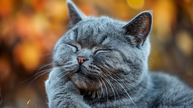 Grey feline grooming itself in a sunlit garden during afternoon