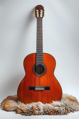 An old guitar is placed on a fur carpet against a white background.