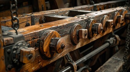 Antiquated wooden mechanism for lifting grain in historical mill workshop
