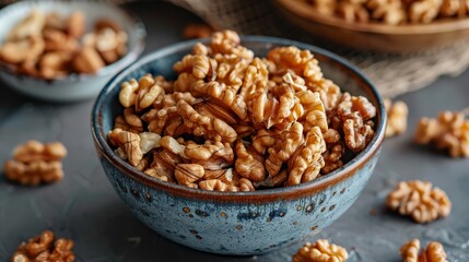 Obraz premium Crunchy walnuts in a rustic bowl filled with freshly shelled nuts