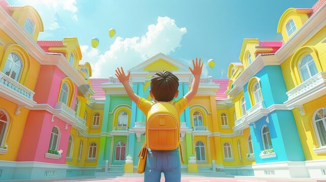 3D model of a cheerful child waving goodbye to their parents on the first day of school, standing in front of a colorful school building