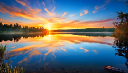 Obraz premium Serene Autumn River Lake Nature Landscape at Sunset with Golden Hues Reflecting in the Water and Crisp Cool Air