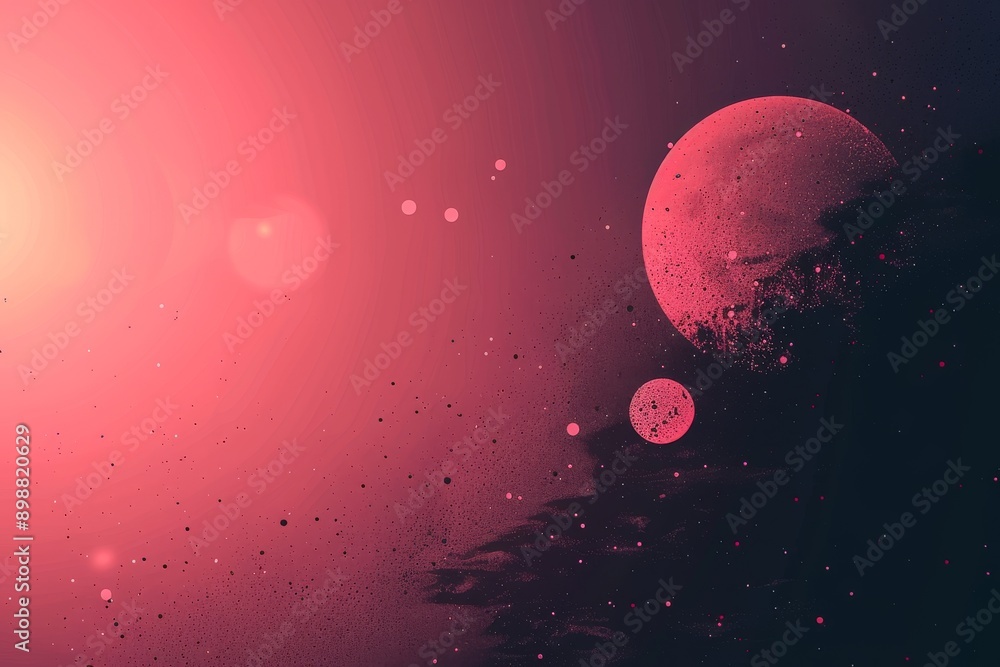 Poster minimalist digital illustration with pink and red gradient spheres creating a soft and dreamy visual