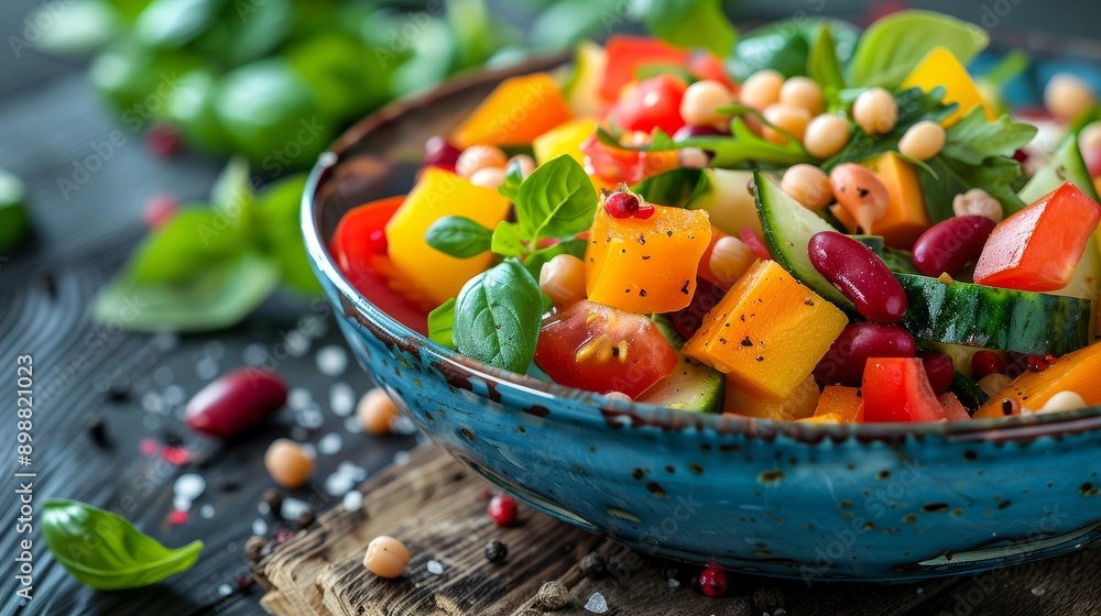 Poster fresh vegetable salad with beans garnished with basil in a rustic setting