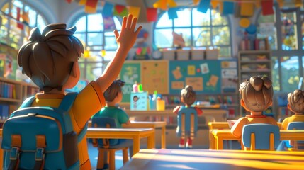 3D model of a student raising their hand to answer a question in a brightly decorated classroom, with classmates and a teacher looking on