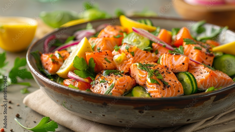 Aufkleber fresh salmon salad with vegetables and citrus garnish on a rustic table