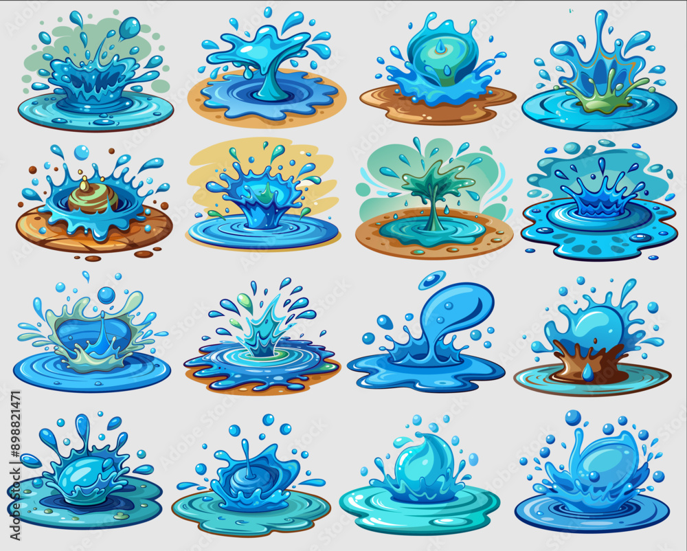 Poster Set vectors Dynamic Water Splashing Droplet Waves Shape Reflection Art 