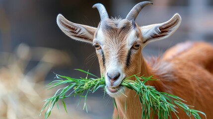 Male goat grazing on fresh grass in a farmyard oasis during daylight