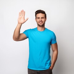 Fototapeta premium A young men's with high-five Hand Gestures on white background. Wearing sky blue T-shirt.