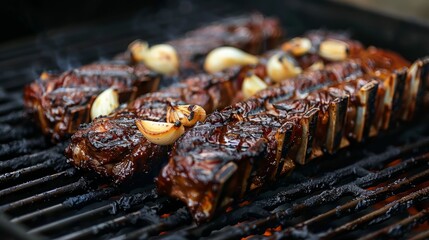 Grilling short ribs with garlic on charcoal grill during summer evening