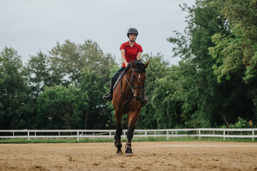 A female equestrian wearing a helmet and red shirt riding a brown horse in an outdoor arena...