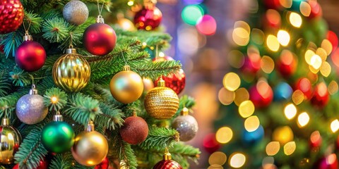 Close-up of a beautifully decorated Christmas tree with colorful ornaments, holidays, festive, decorations, ornaments