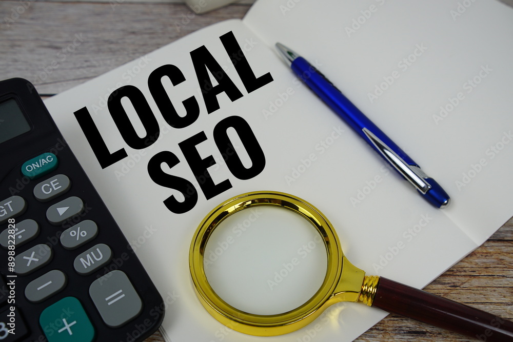 Aufkleber local seo text on notebook page with magnifying glass and calculator top view on wooden background