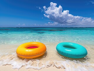 Obraz premium Colorful float rings bobbing in the blue sea