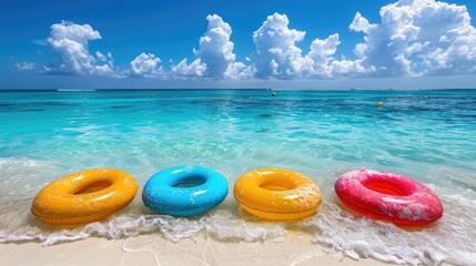 Obraz premium Colorful float rings bobbing in the blue sea
