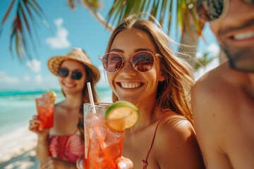 Friends enjoying tropical drinks on the beach,