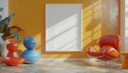 Bright living room with vibrant sculptures with empty frame