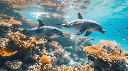 Obraz premium Dolphins swimming with coral reefs 