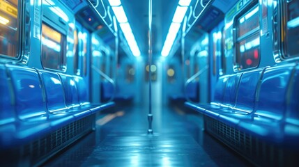 An empty modern subway car featuring seats, illuminated by artificial lighting