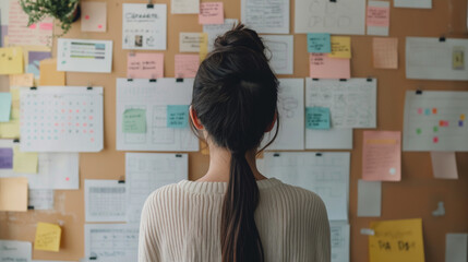 Highlight our smart office scheduling software, with an Asian girl managing her calendar on a light brown background.