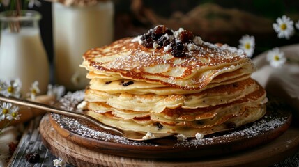 Pancakes stuffed with cottage cheese and raisins on a rustic table with milk