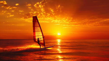 Silhouette Windsurfing at sunset. Perfect activity for summer