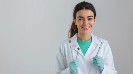 Portrait of a smiling female dentist in a white coat, holding dental tools on a plain light gray background.
