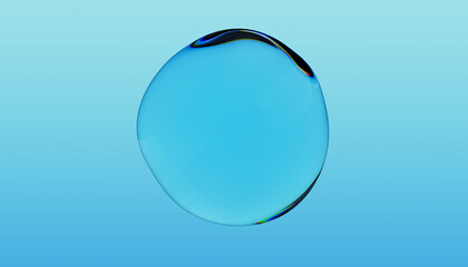 Abstract water bubble on blue background. Blue distorted droplet floating, Purity concept. 3d render illustration