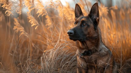 Fototapeta premium Dutch shepherd dog portrait in lush natural setting during golden hour