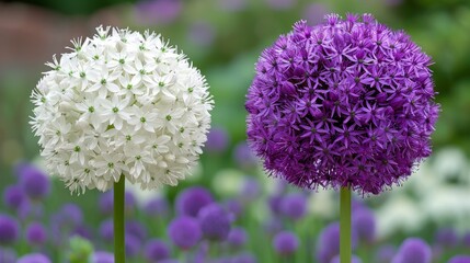 Giant allium flowers blooming in white and purple during springtime