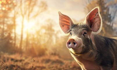 A cute adult pig looking at the camera while standing in a forest during golden hour with a beautiful skyscape; a spring background with copy space and sun rays 