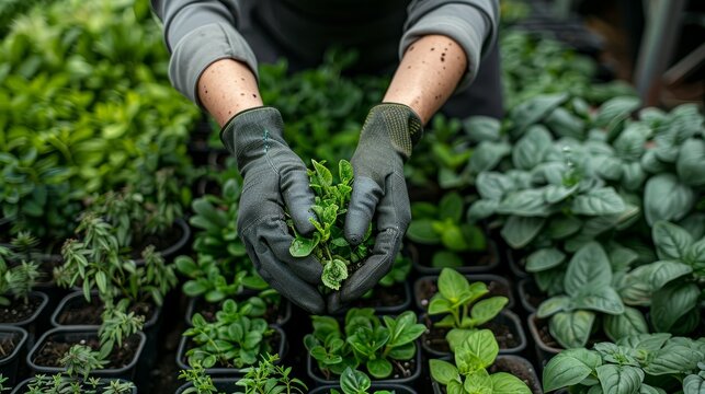 Garden center employee handling plants in a lively nursery