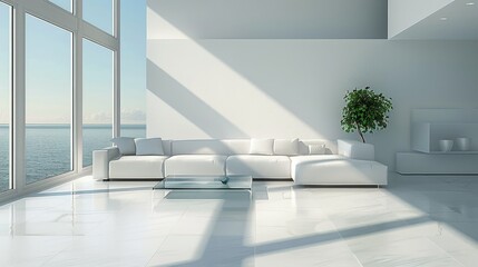Fototapeta premium Modern White Living Room With Large Windows