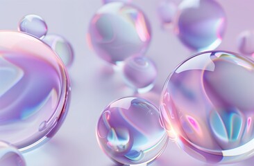 Abstract floating iridescent glass pieces, 3D rendering of contact lenses on a white background, with a light blue and purple gradient color, in a soft focus