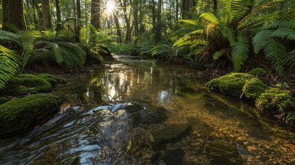 Stream Flowing Through Lush Green Forest