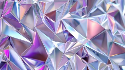 A closeup of iridescent triangular shapes with a shiny holographic effect