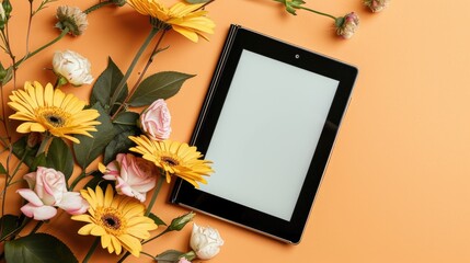 Contemporary e reader with floral decor on golden surface